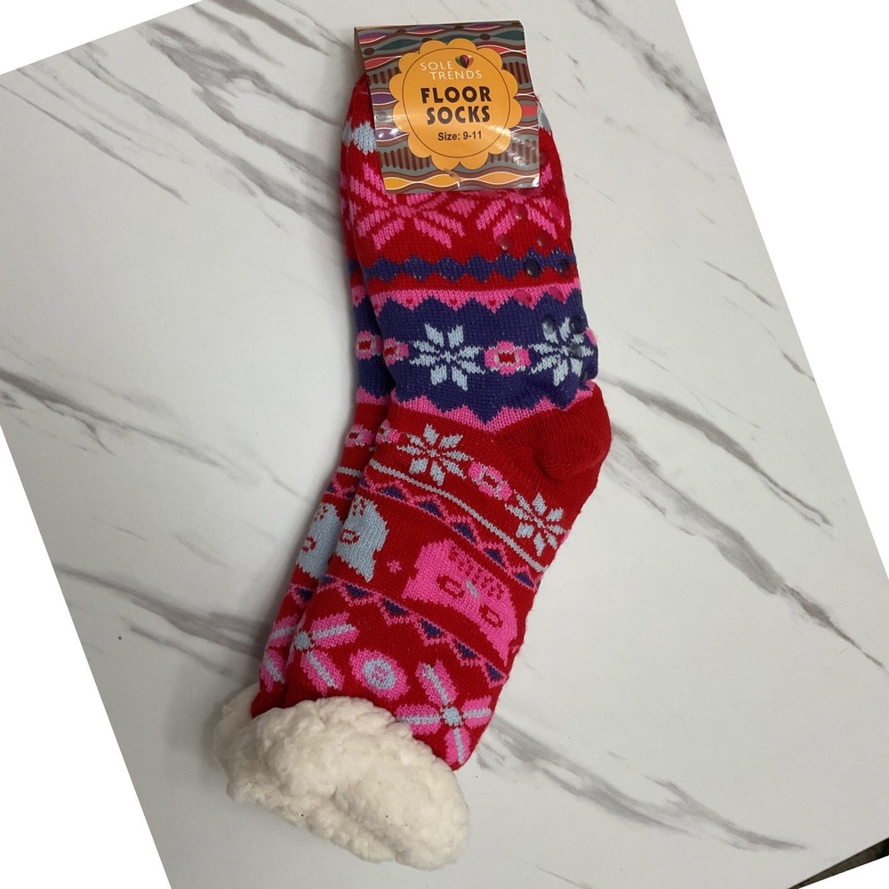 Sole Trends Red Fair Isle Sherpa Lined Floor Socks Non-Slip Slipper Socks 9-11 - Picture 3 of 5